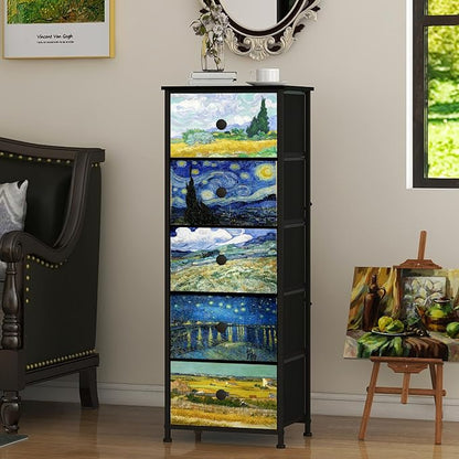 Dresser with 5 Drawers Narrow Tall Nightstand Van Gogh Dresser - Image 6