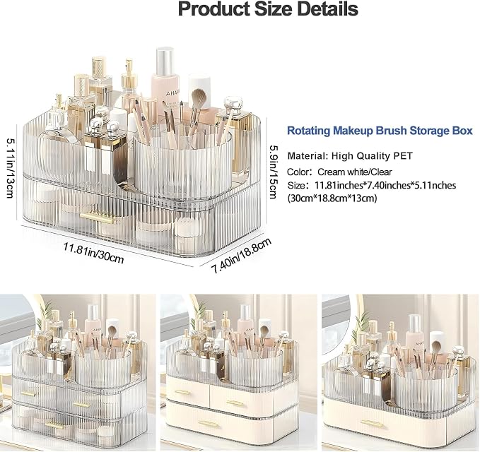 DASITON Makeup Organizer with Drawers and Rotating Makeup Brush Holder - Image 7