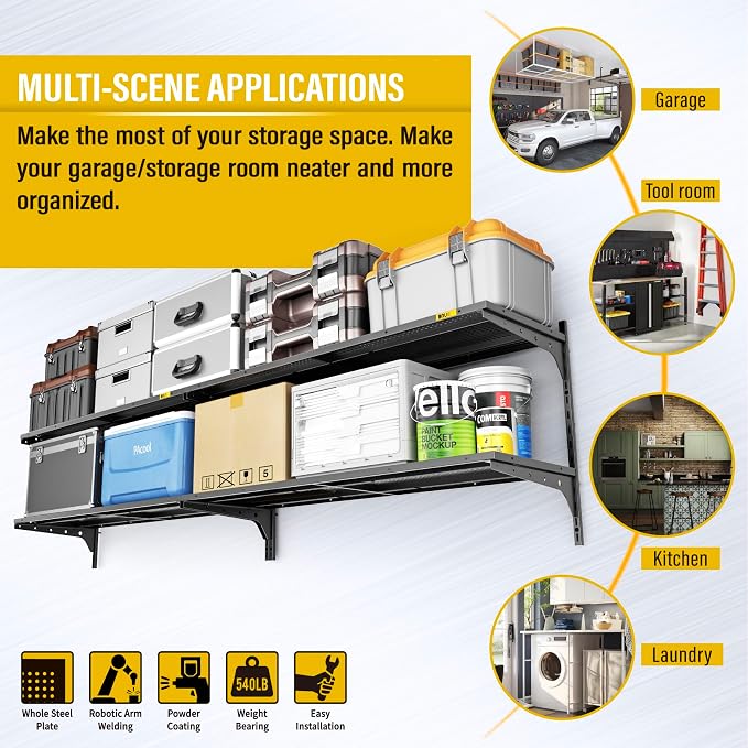2-Pack 2 Tier 1.3x4ft Garage Shelving Wall Mounted, 15.6x48inch per Shelf - Image 4