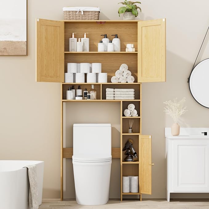 Homhedy Wooden Over The Toilet Storage Cabinet, Natural | Bathroom Organizer - Image 4