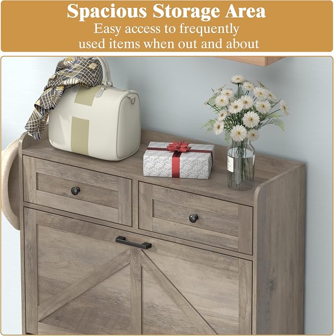 Thacuok Shoe Cabinet with 3 Flip Drawers & 2 Storage Drawers, Rustic Farmhouse - Image 4