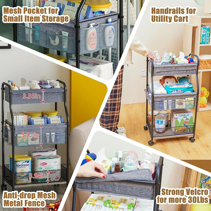 3-Tier Baby Diaper Caddy Organizer and Storage Cart, Mobile Metal Utility Cart - Image 8