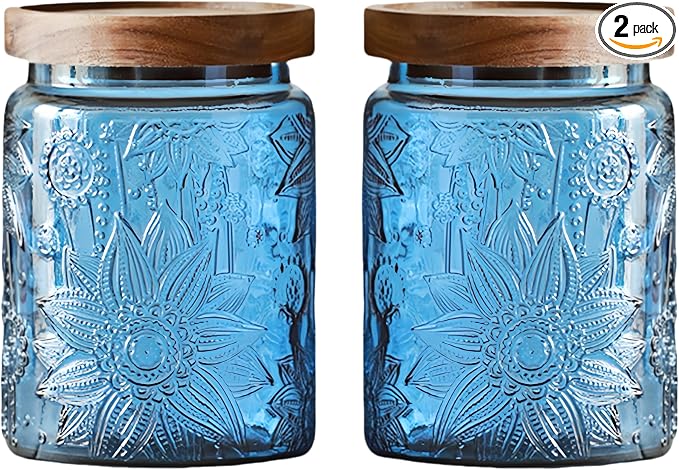 Set of 2 Vintage Blue Glass Storage Jars, 23.7 oz Mason Jars by ANSQU