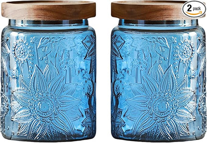 Set of 2 Vintage Blue Glass Storage Jars, 23.7 oz Mason Jars by ANSQU