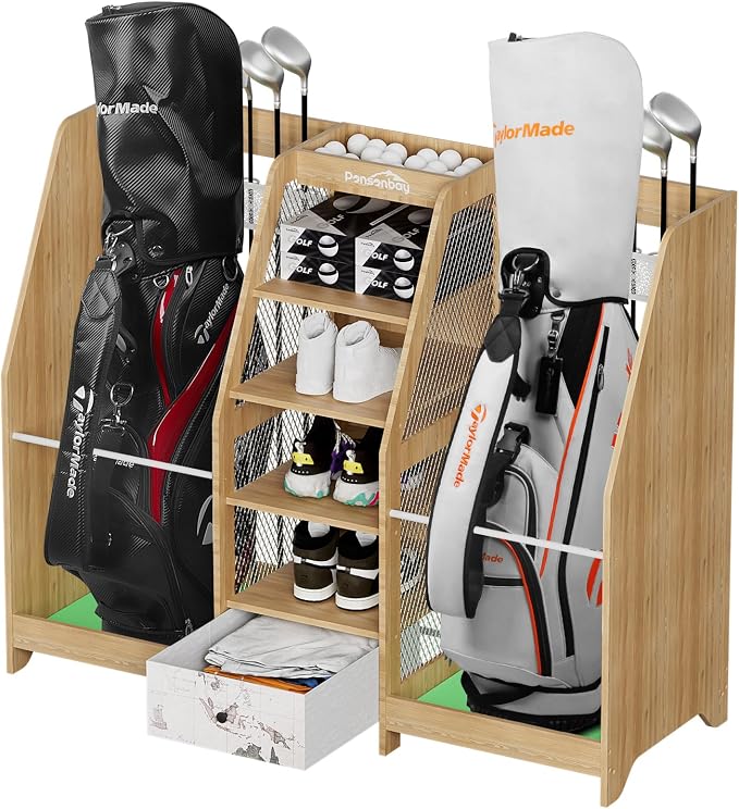 Golf Bag Storage Organizer for Garage, Premium Wooden 2 Golf Bags Rack by Ponsonbay