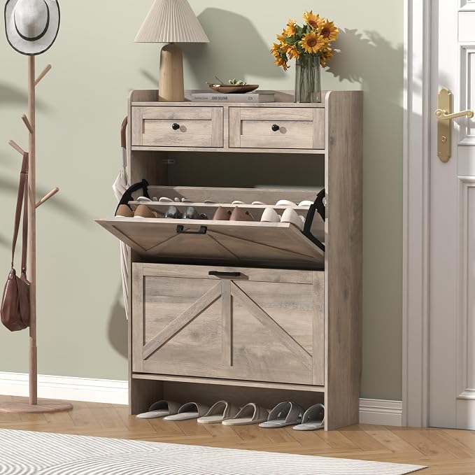 Thacuok Shoe Cabinet with 2 Flip Drawers & 2 Storage Drawers, Rustic Farmhouse - Image 3