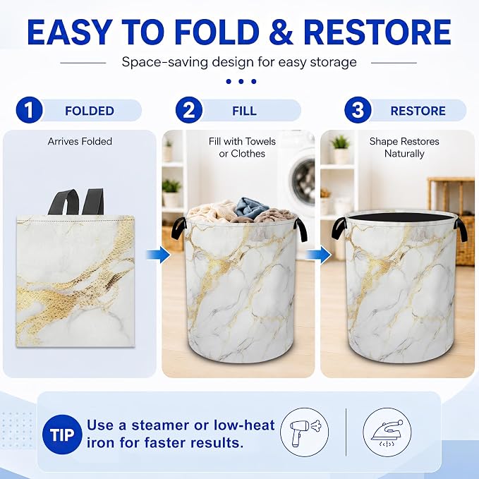 White Marble Laundry Basket Foldable Waterproof Oxford Cloth Tote Bag Laundry - Image 5