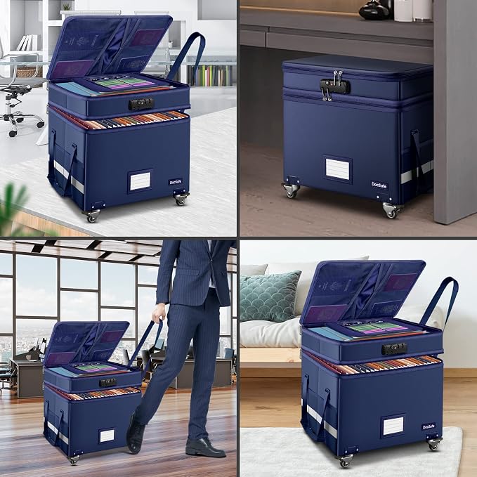 DocSafe File Box with Lock, 2-Layer Fireproof Document Box with Wheels - Image 3