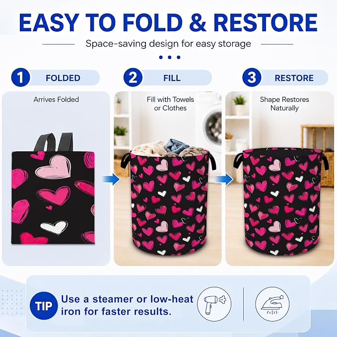 Pink Hearts Laundry Hamper, Collapsible Laundry Baskets, Dirty Clothes Baskets - Image 5