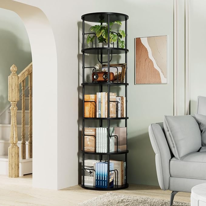 Flycity 5 Tier Rotating Bookshelf, 360° Corner Bookshelf Tower, Round Revolving - Image 4