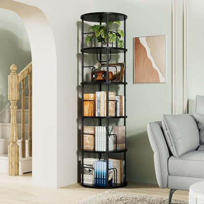 Flycity 5 Tier Rotating Bookshelf, 360° Corner Bookshelf Tower, Round Revolving - Image 4