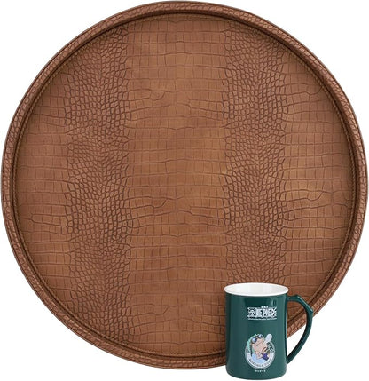 HofferRuffer Round Serving Tray 20'', Elegant Faux Leather Circle Ottoman Table by HofferRuffer