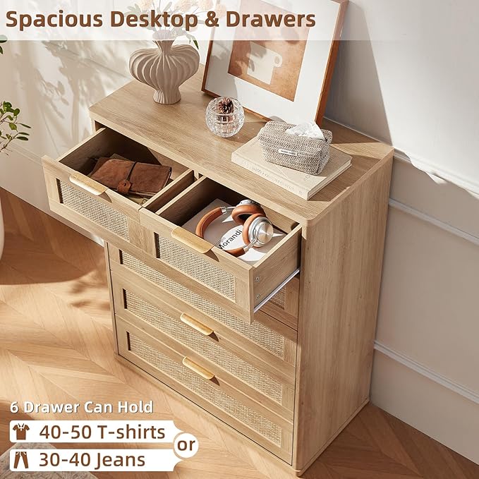 LEYAOYAO Rattan Dresser for Bedroom Set of 2, Modern 6 Drawers Boho Dressers - Image 5