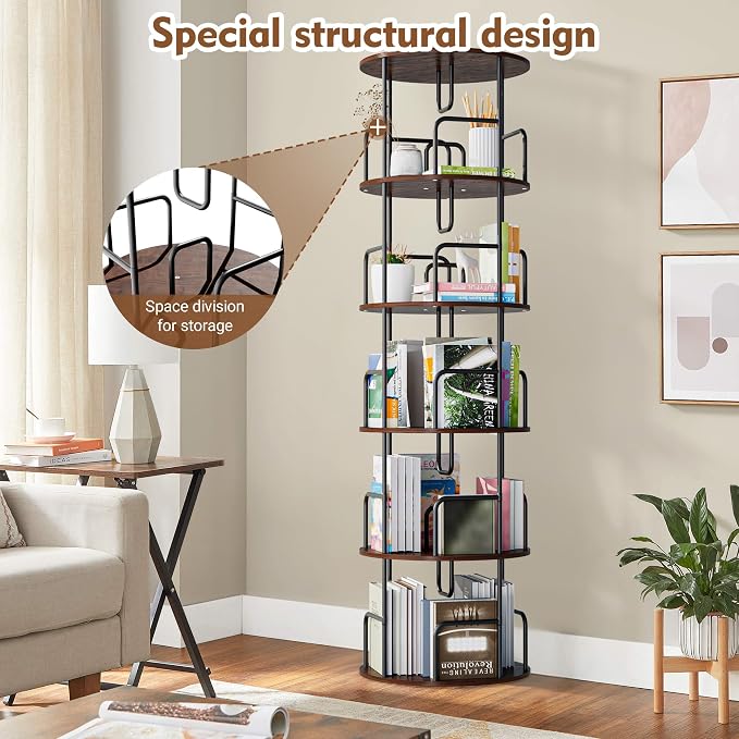 GDFStudio Rotating Bookshelf Tower, 5 Tier 360° Spinning Bookcase, Tall Narrow - Image 4