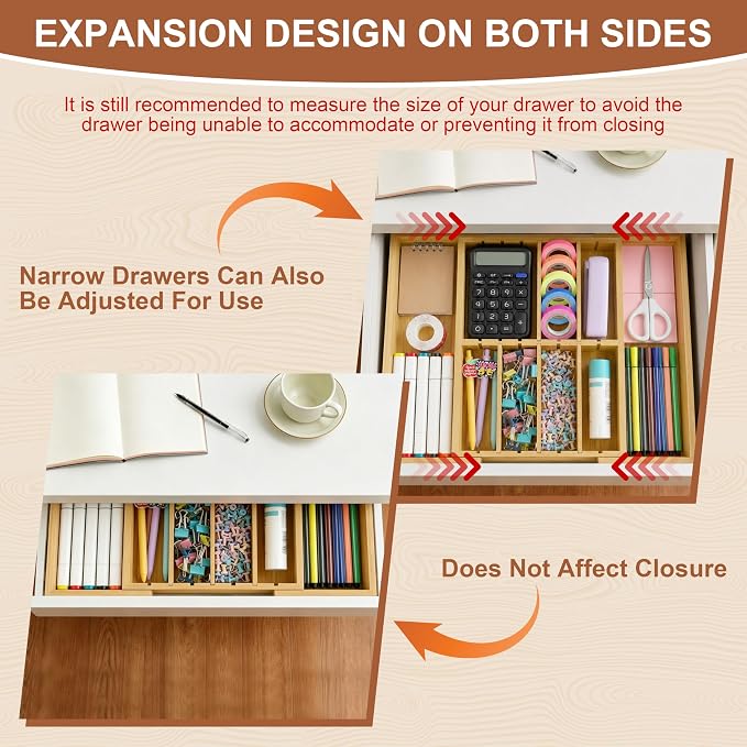 TREWAVE Bamboo Desk Drawer Organizer, Expandable Drawer Organizer Tray - Image 2