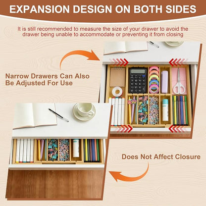 TREWAVE Bamboo Desk Drawer Organizer, Expandable Drawer Organizer Tray - Image 2