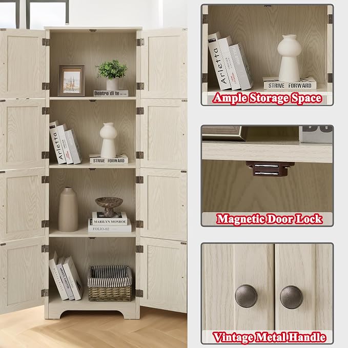 72" H Farmhouse Storage Cabinet, 4 Tier Kitchen Pantry Cabinet - Image 4