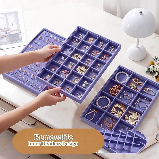 Large Velvet Jewelry Tray 2 Pack Stackable Jewelry Display Drawer Inserts Trays - Image 3