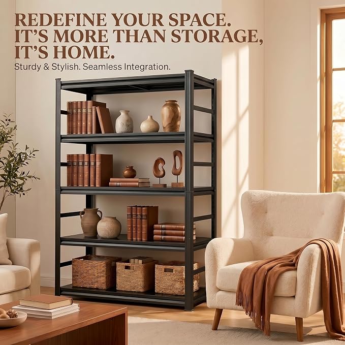 4 Tier Metal Bookshelf, Adjustable Tall Bookcase, Heavy Duty 2400 LBS Modern - Image 4