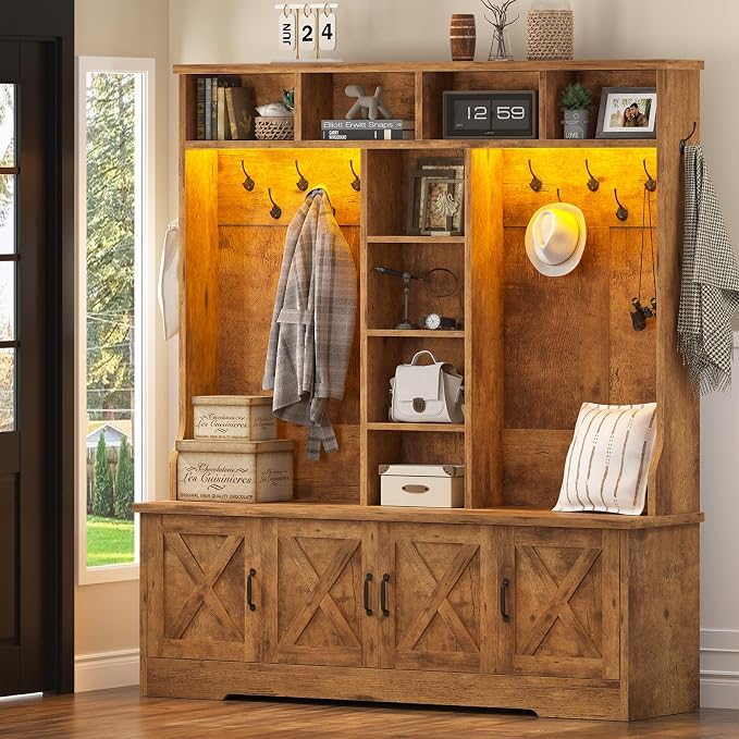 CSZZD Hall Tree with Bench and Shoe Storage, Farmhouse Entryway Bench with Coat - Image 9