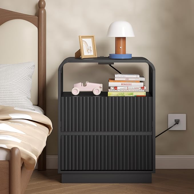 Dresser with 2 Drawers and Charging Station, Fluted Bedside Table with Round - Image 7