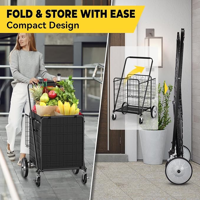 5.7 Cu Ft Folding Shopping Cart - 600 LB Capacity Grocery Cart - Heavy Duty - Image 4