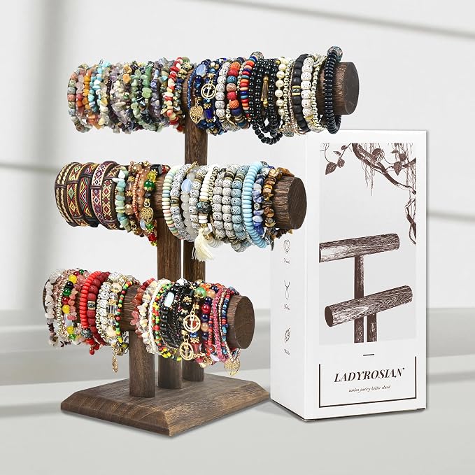 LadyRosian Wooden Bangle Display Holder Stand, 3-Tier Wooden Rotating Jewelry - Image 7