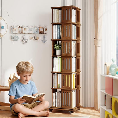 Baoz 71" Tall Rotating Bookshelf Tower, 6 Tier Spinning Bookcase, Walnut | 360° - Image 7