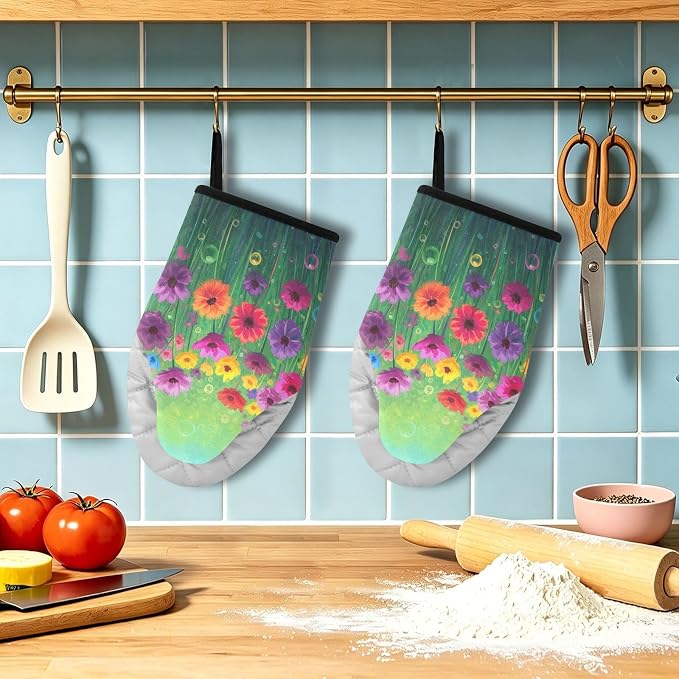 Heat Resistant Oven Mitts, Floral Flowers Spring Color Plants Kitchen Gloves - Image 5