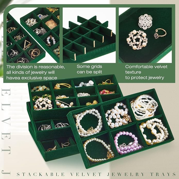 Junkin 12 Pcs Jewelry Tray Velvet Stackable Jewelry Organizer Trays Divided - Image 3