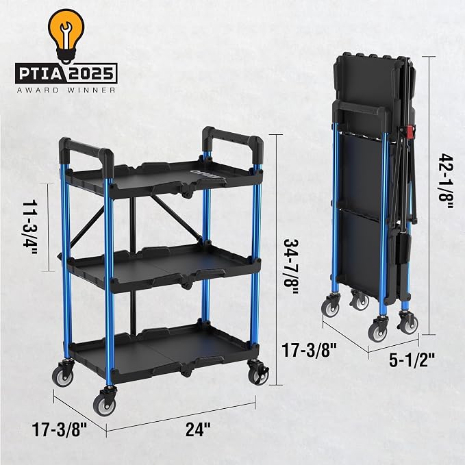 WORKPRO 3-Tier Collapsible Service Cart, 210 LBS Foldable Utility Service Cart - Image 3