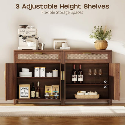 Rattan Buffet Cabinet with Storage Set of 2, Sideboard Cabinet with Doors and - Image 4
