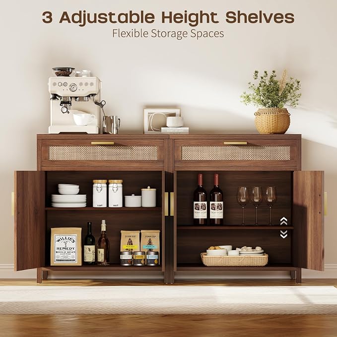 Rattan Buffet Cabinet with Storage, Sideboard Cabinet with Doors and Shelves - Image 6