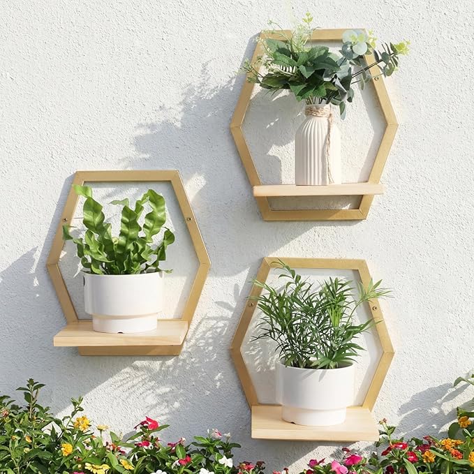 3 Pack Solid Wood & Metal Framework Wall Plant Stands, 9 inch Natural Wood - Image 6