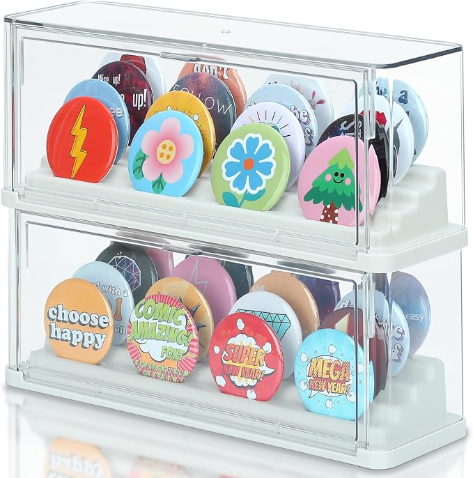 2 Pack Button Pin Display Case – 4-Tier Clear Badge Storage Box, Stackable by PACMAXI