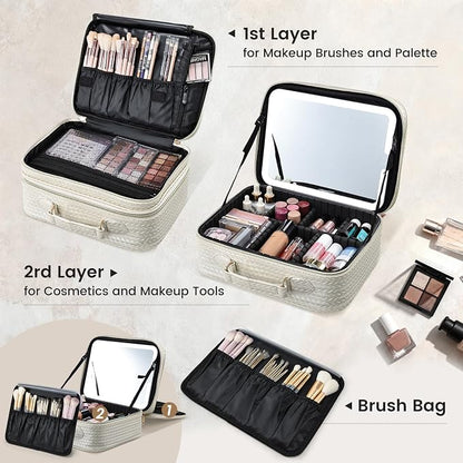 Makeup Bag with LED Lighted Mirror 12.2 IN Travel Double Layer Makeup Case - Image 3
