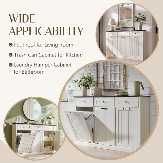 Triple Tilt Out Trash Can Cabinet, 20 Gallon Farmhouse Laundry Hamper Cabinet - Image 4