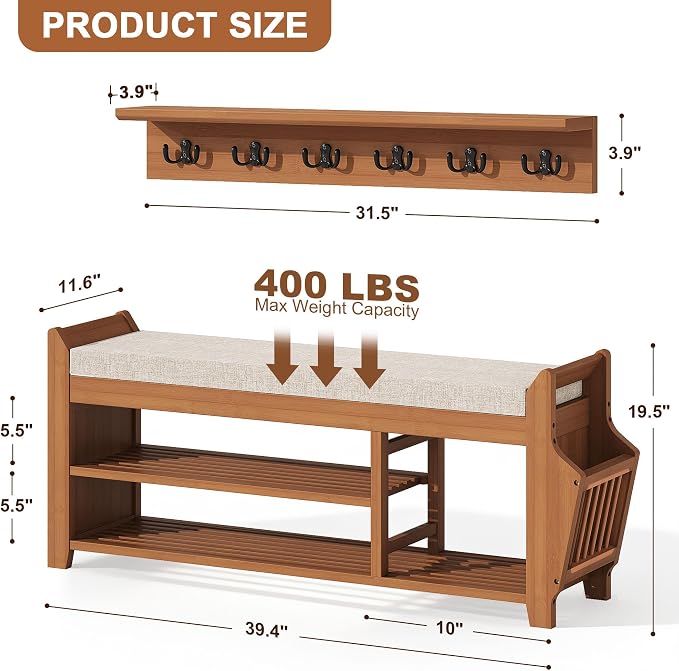 PETKABOO 39.4" Shoe Bench with Coat Rack Hidden Drawer and Side Holder - Image 2