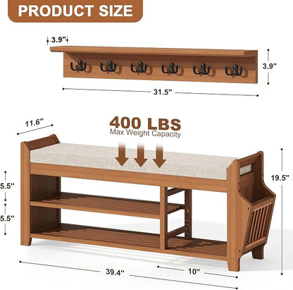 PETKABOO 39.4" Shoe Bench with Coat Rack Hidden Drawer and Side Holder - Image 2
