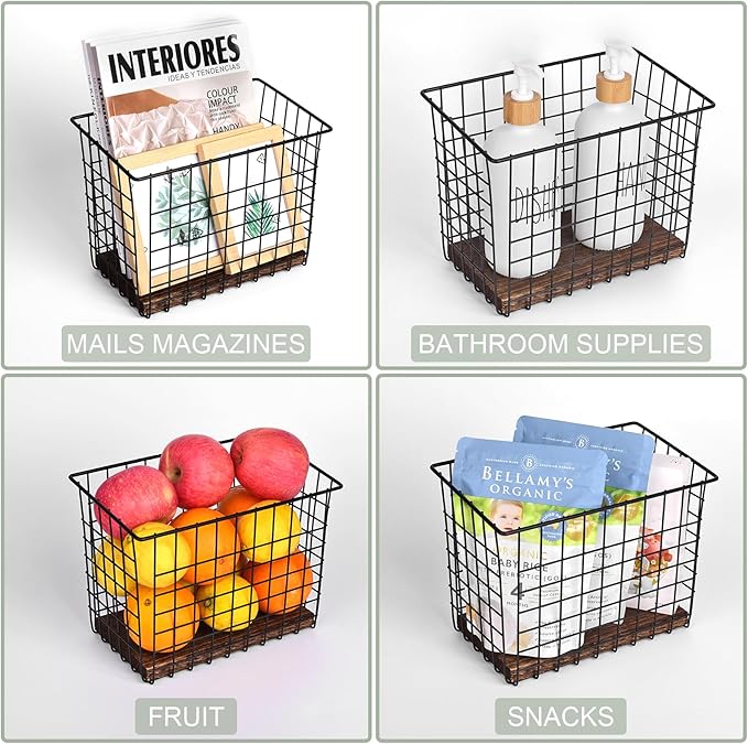 Wall Hanging Baskets, 3 Wooden Wire Bins - Image 6