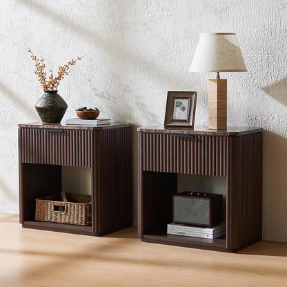 Fluted Nightstand with Drawer, Bedside Table with Faux Marble-Top, Engineered - Image 8