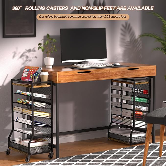 7 Tier Rolling File Cart with Sliding Trays, Wood Metal File Organizer Beside - Image 3