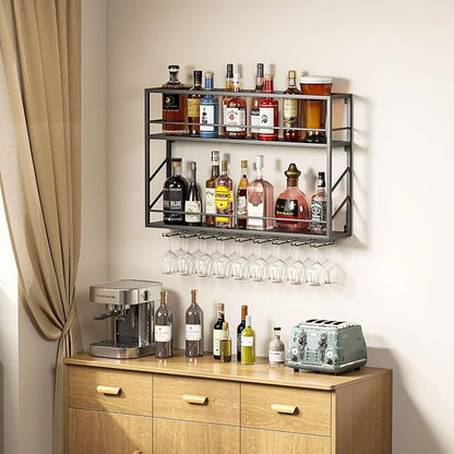 Wall Mounted Wine Rack with Glass Holder, 2-Tier Multi-Functional Shelf - Image 6