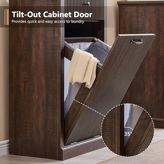 Modern Tilt Out Laundry Hamper Cabinet, 10 Gallon Fluted Trash Can Cabinet - Image 4