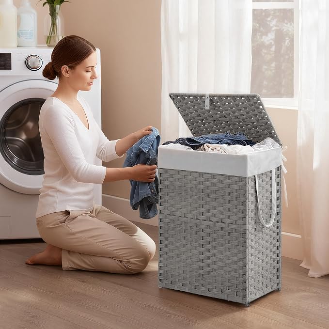 Woven Laundry Basket with Lid, Large Hamper with Removable and Machine-Washable - Image 2