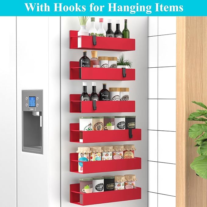 Metal Magnetic Spice Rack for Refrigerator Red, 6 Pack | Magnetic Shelves Heavy - Image 2