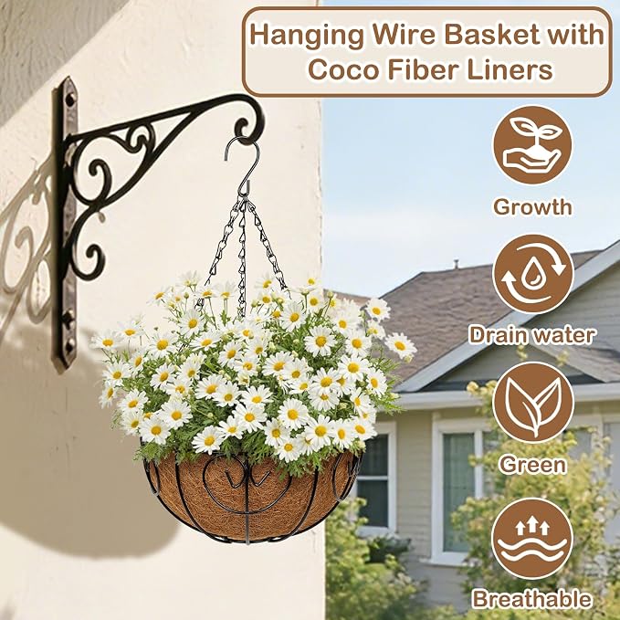 10 inch Metal Hanging Baskets for Plants Outdoor, 6 Pack Metal Wire Hanging - Image 2
