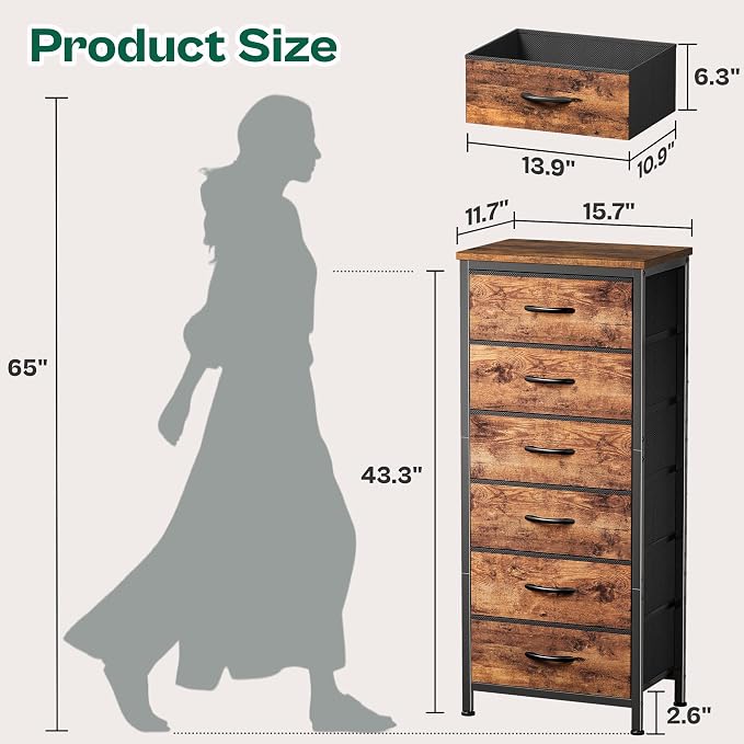 Huuger 43.3 Inch Tall Dresse for Bedroom, 6 Drawer Dresser & Chests of Drawers - Image 2