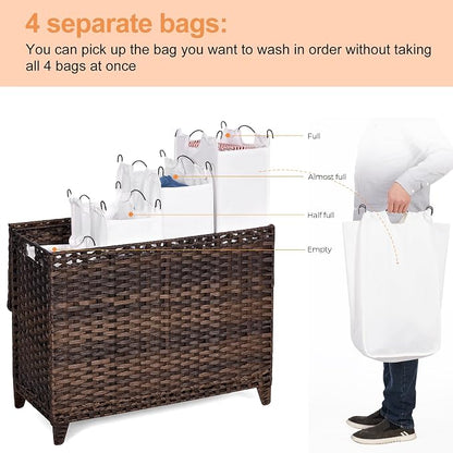 Laundry Hamper with 4 Removable Liner Bags; 176L Handwoven Rattan Laundry - Image 3