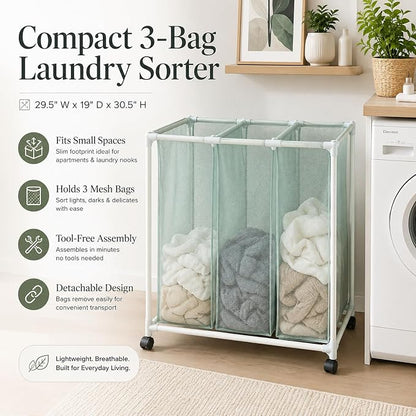 3-Bag Mesh Rolling Laundry Sorter Cart, Soft Silver, Removable Washable Bags - Image 7